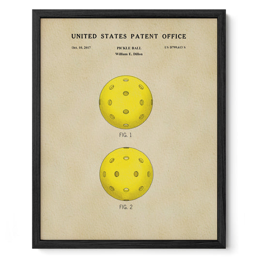 Framed poster of a pickle ball design from the United States Patent Office on a beige background.