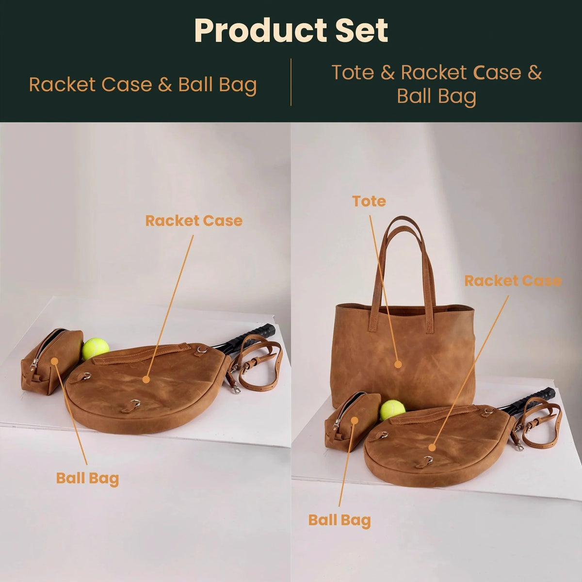 Genuine leather bag with removable tennis racket cover.
