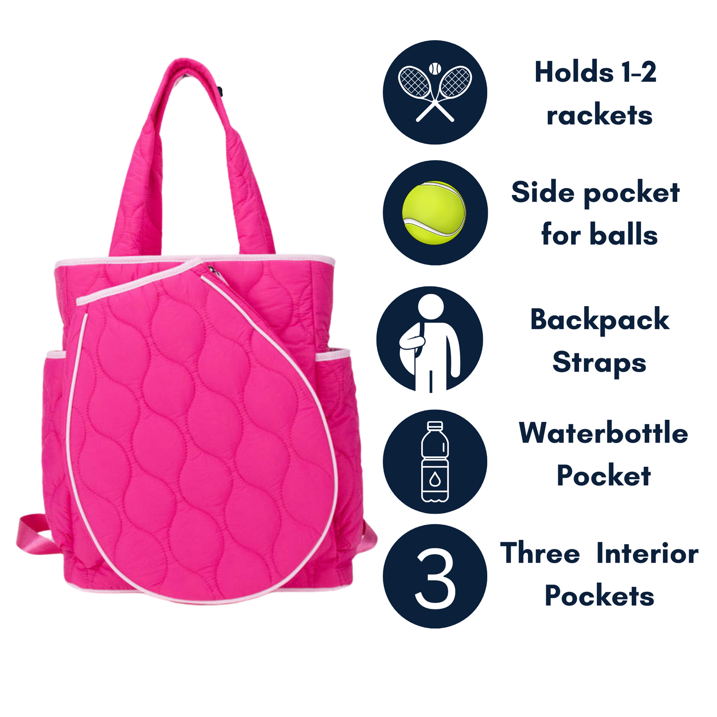 Pink tennis bag with features listed on a white background