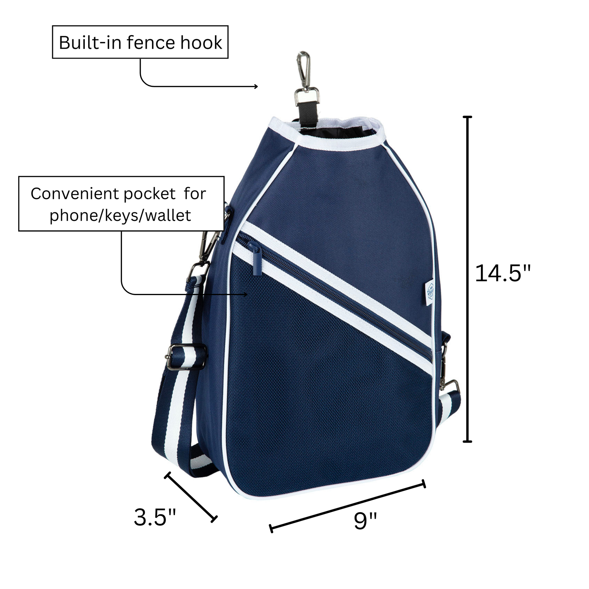 Navy blue  pickleball bag with white stripes, features labeled, and dimensions on a white background