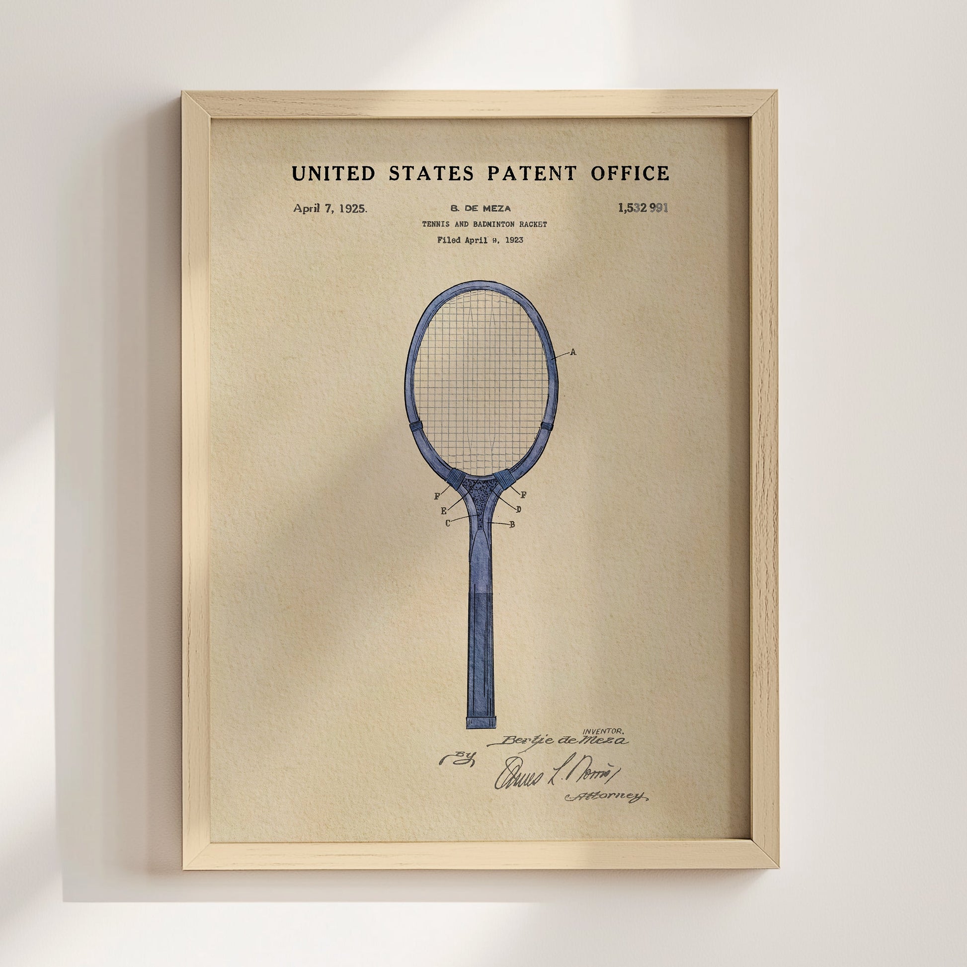 Framed United States Patent Office poster of a tennis racket design on a beige background