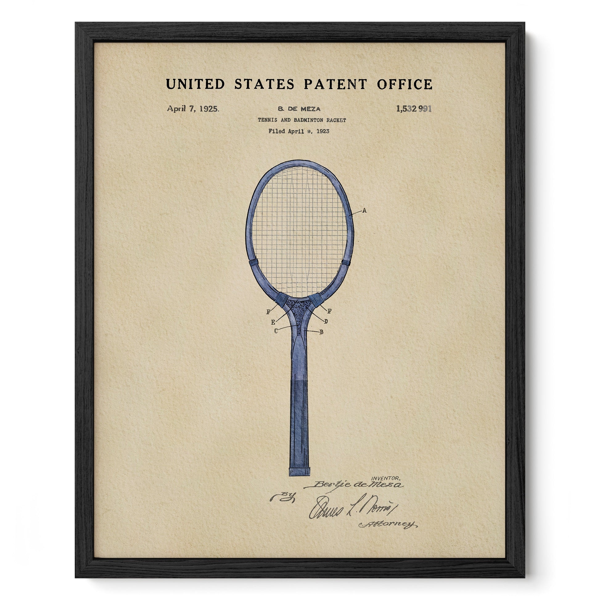 Framed United States Patent Office blueprint of a tennis racket design on beige paper.