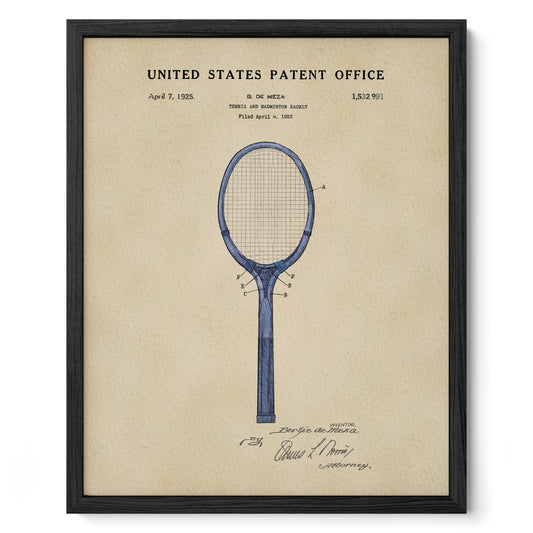 Framed United States Patent Office blueprint of a tennis racket design on beige paper.
