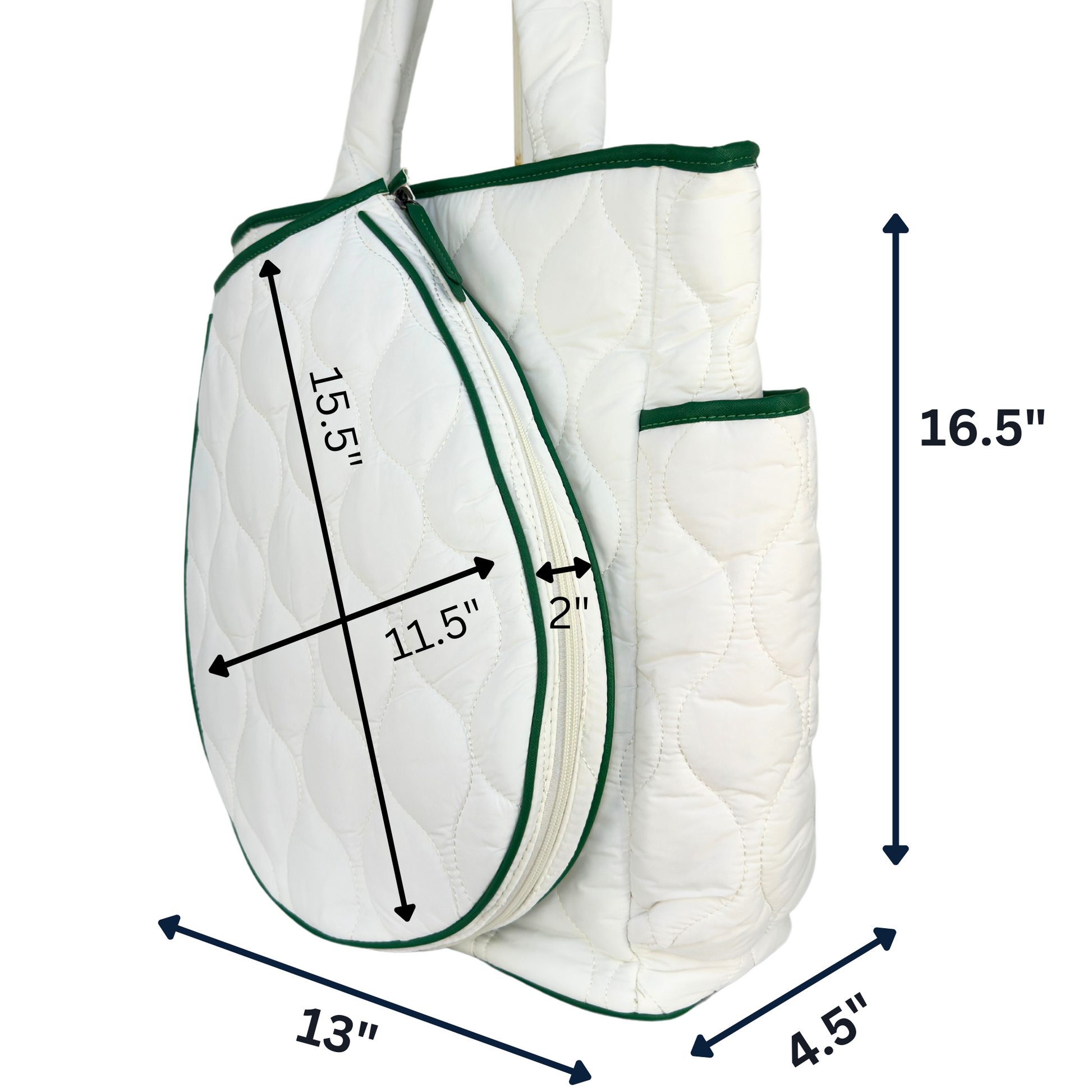 White tennis  tote bag with green trim and measurements on a white background