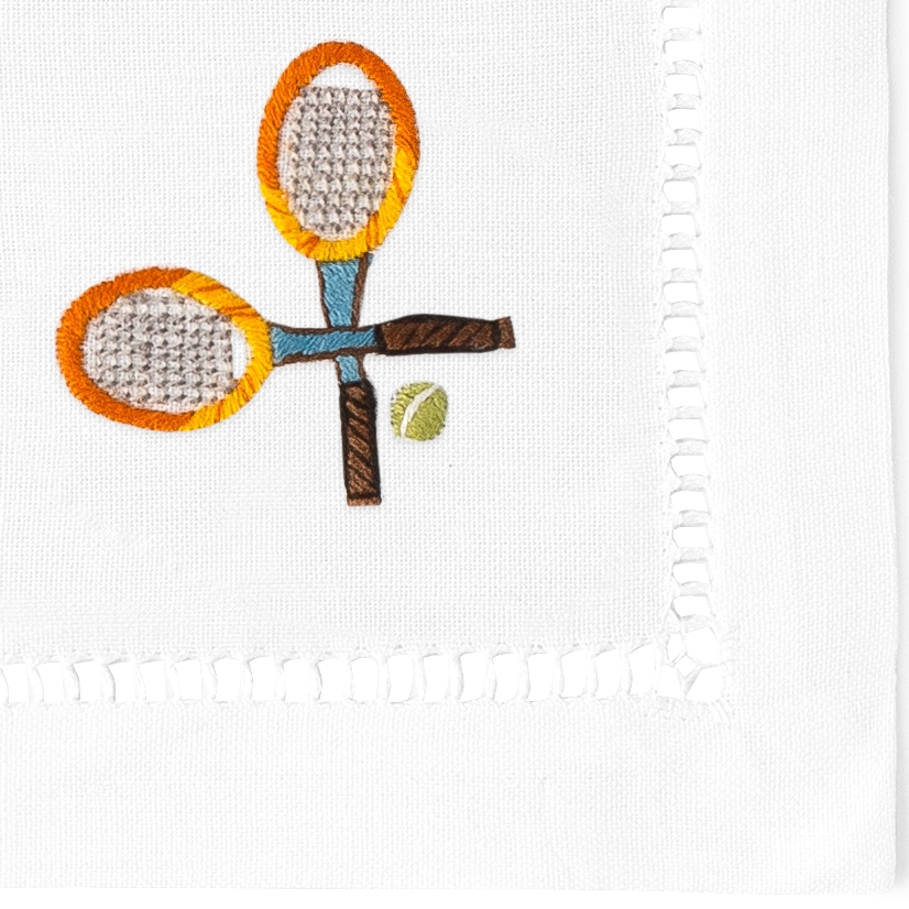 Hand embroidered Tennis cotton cocktail napkins with crossed tennis racquets.