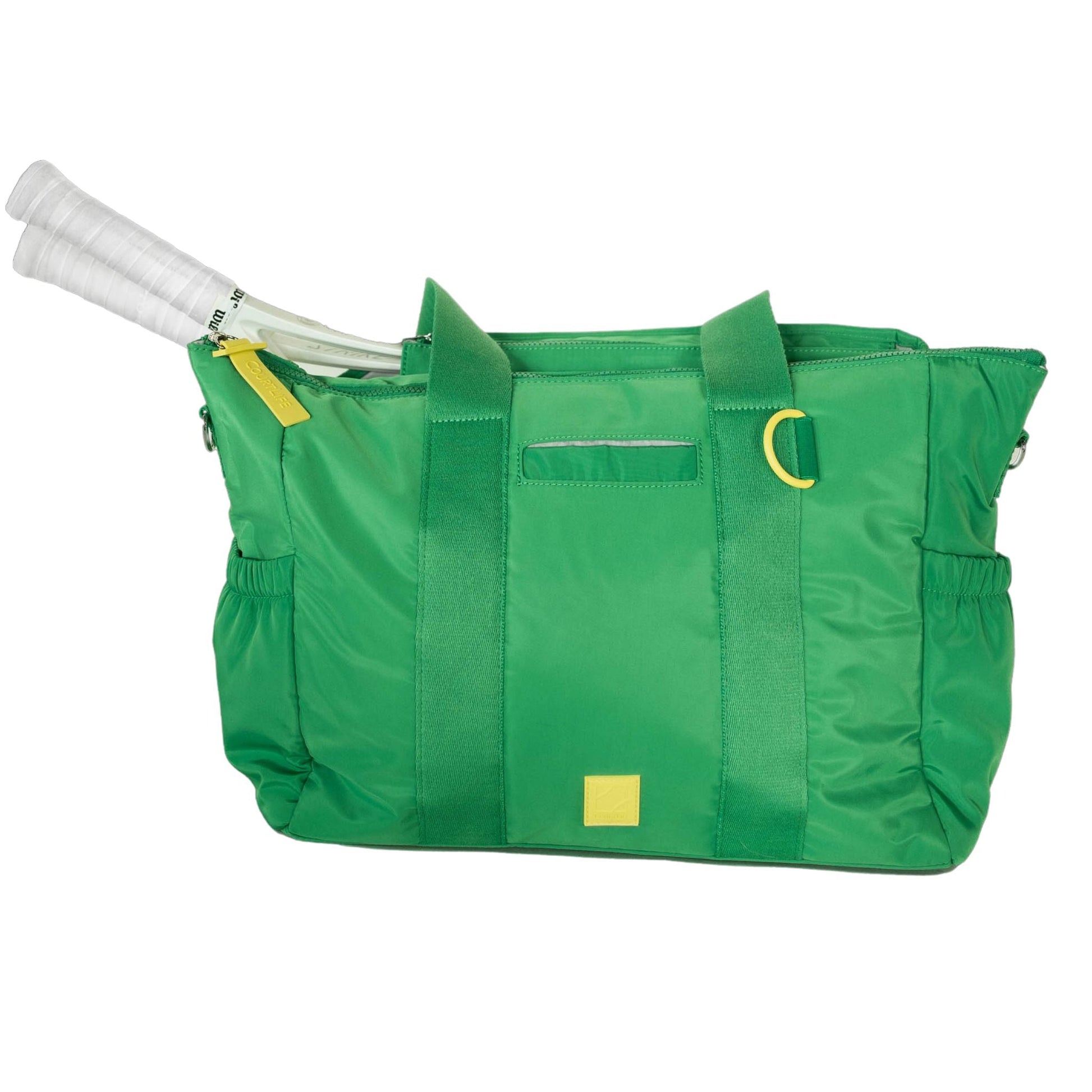 Green tennis  bag with a yellow handle and pocket, containing a white tennis racket on a white background