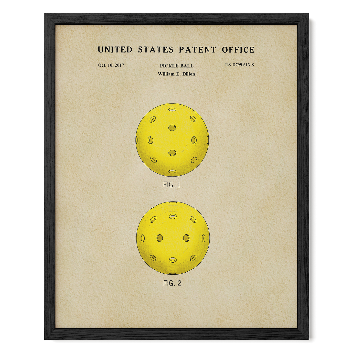Framed poster of a pickle ball design from the United States Patent Office on beige paper.