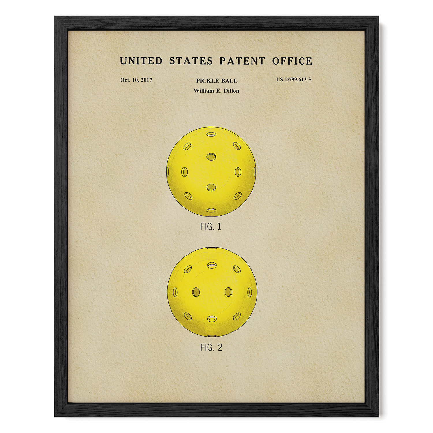 Framed poster of a pickle ball design from the United States Patent Office on beige paper.