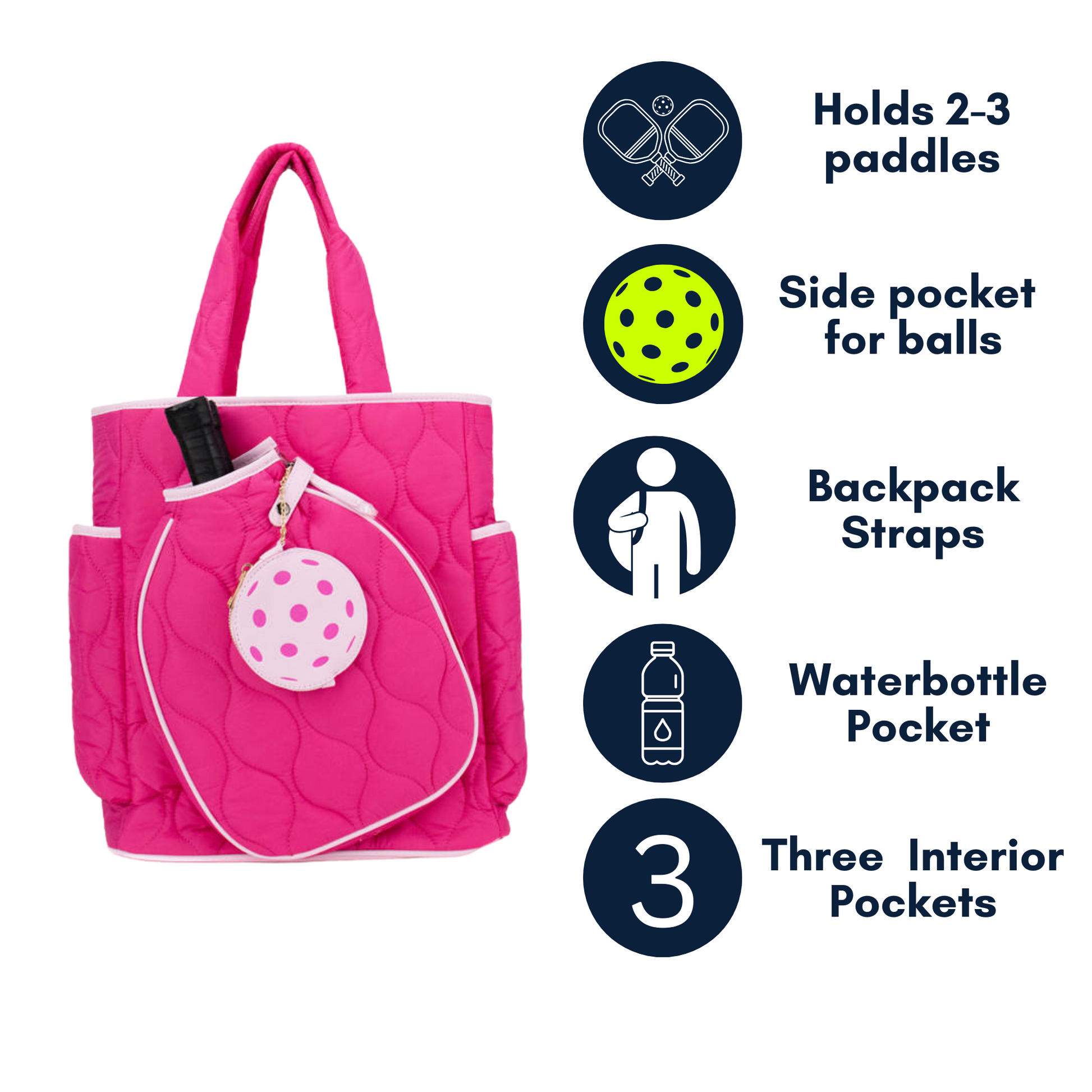 Pink pickleball bag with features listed on a white background