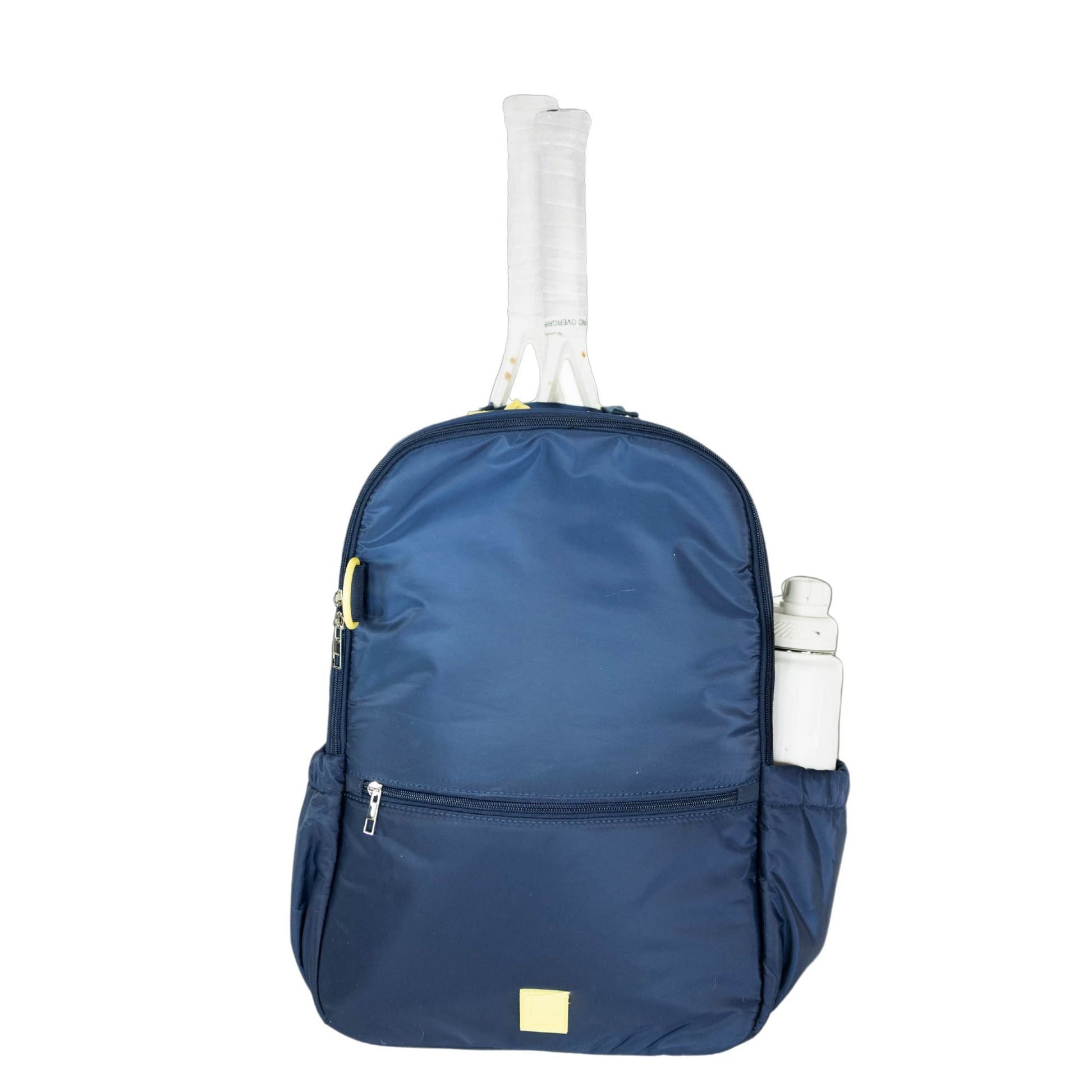 Blue backpack with a tennis racket and bottles on a white background