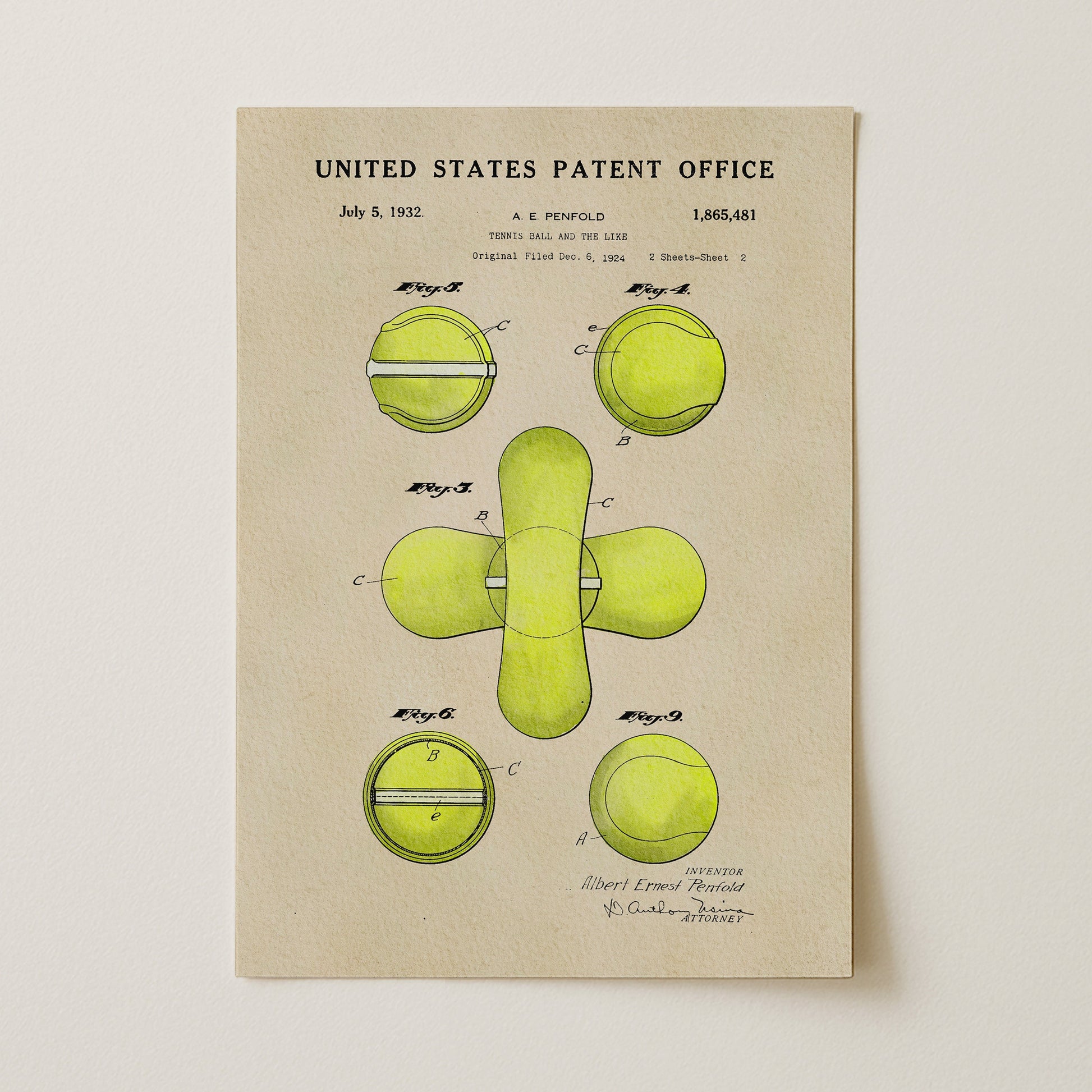 Patent poster from the United States Patent Office with green illustrations on a beige background