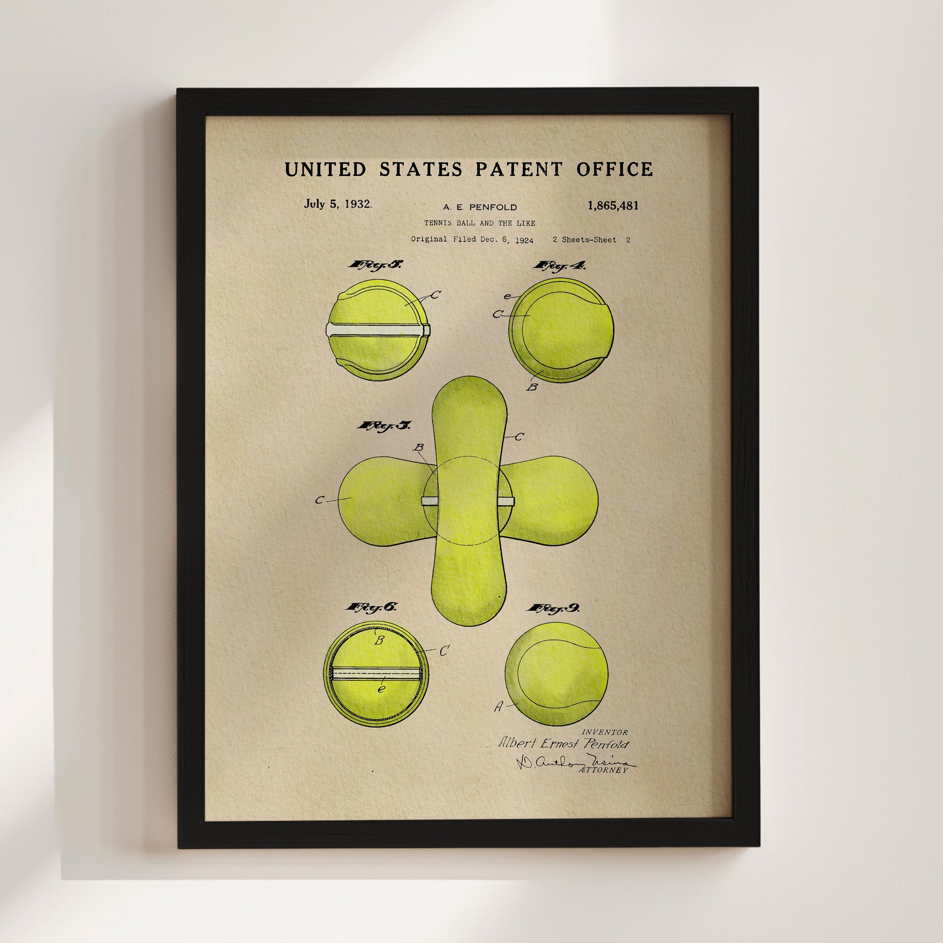 Framed United States Patent Office poster with green geometric design on beige background