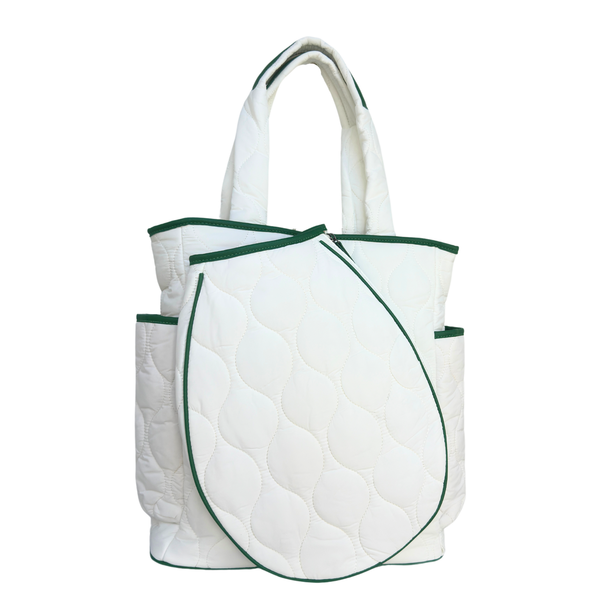 White quilted tennis  tote bag with green trim on a white background