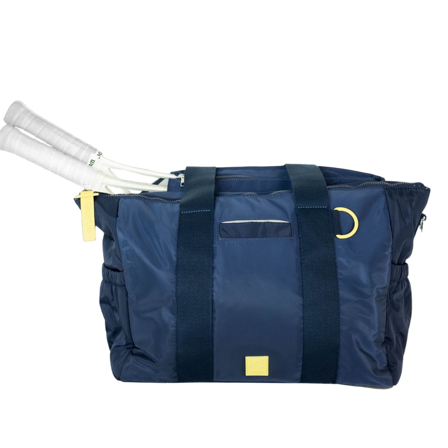Navy blue bag with yellow accents carrying tennis rackets on a white background