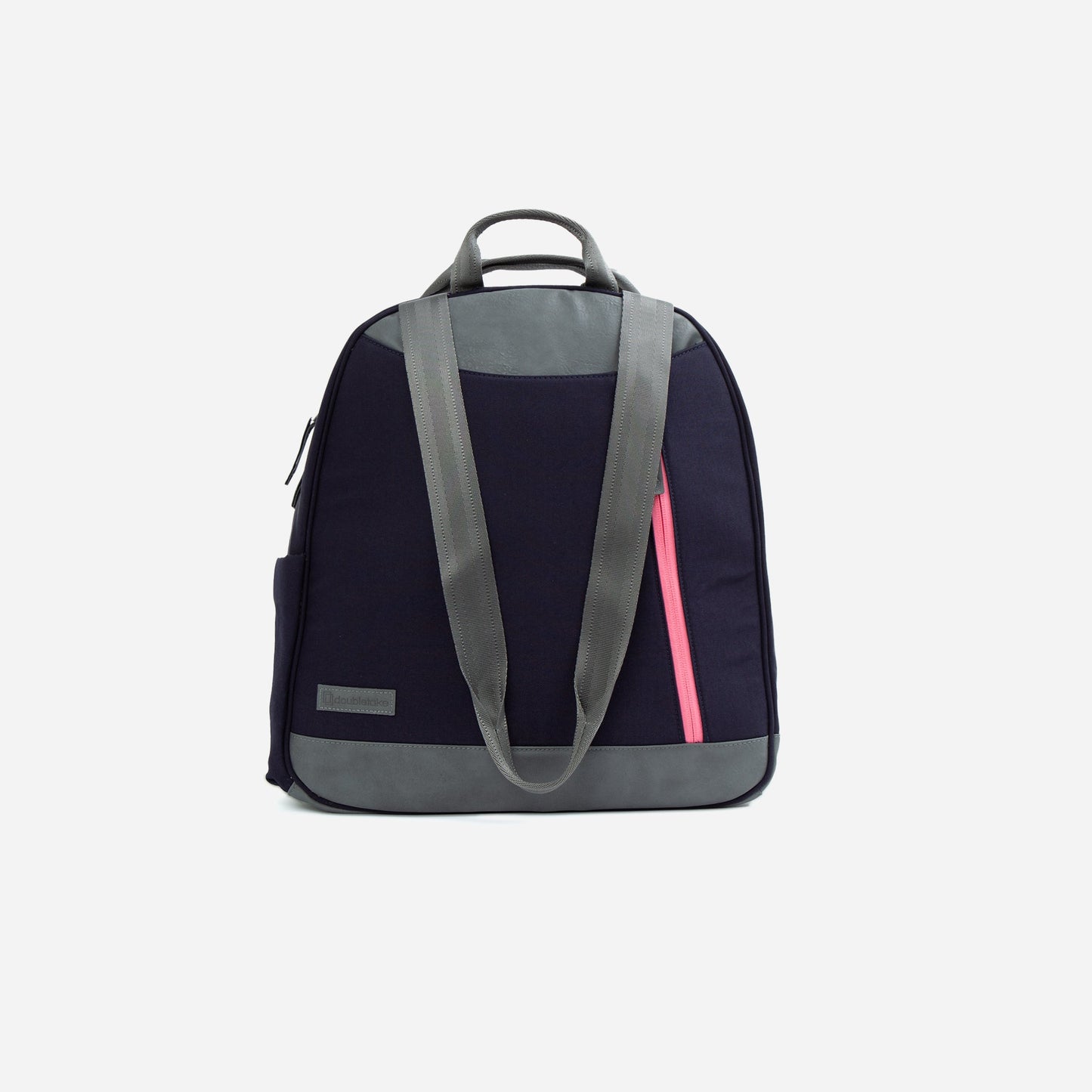 Navy blue  Doubletake tennis  backpack with gray straps and a pink zipper on a white background
