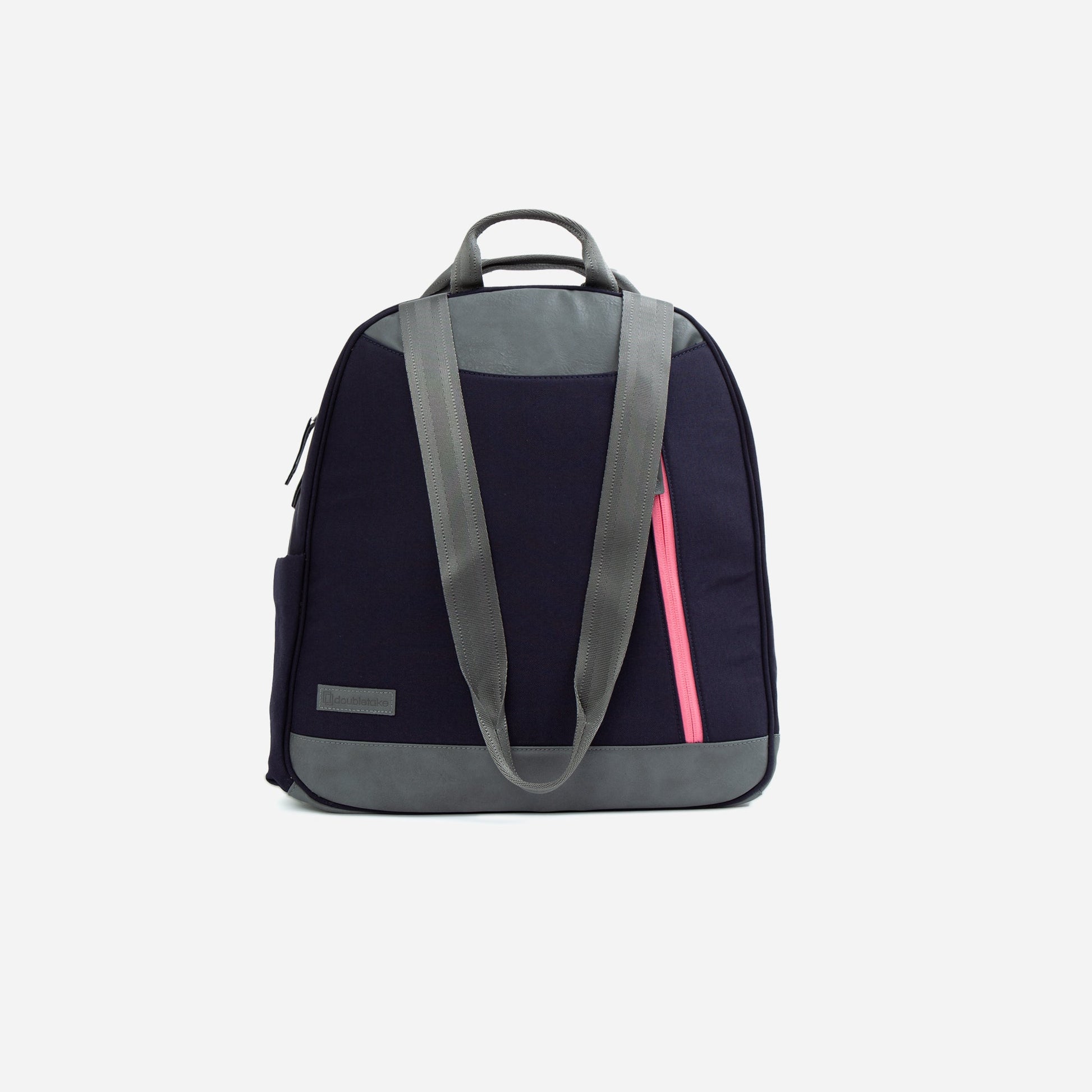 Navy blue  Doubletake tennis  backpack with gray straps and a pink zipper on a white background