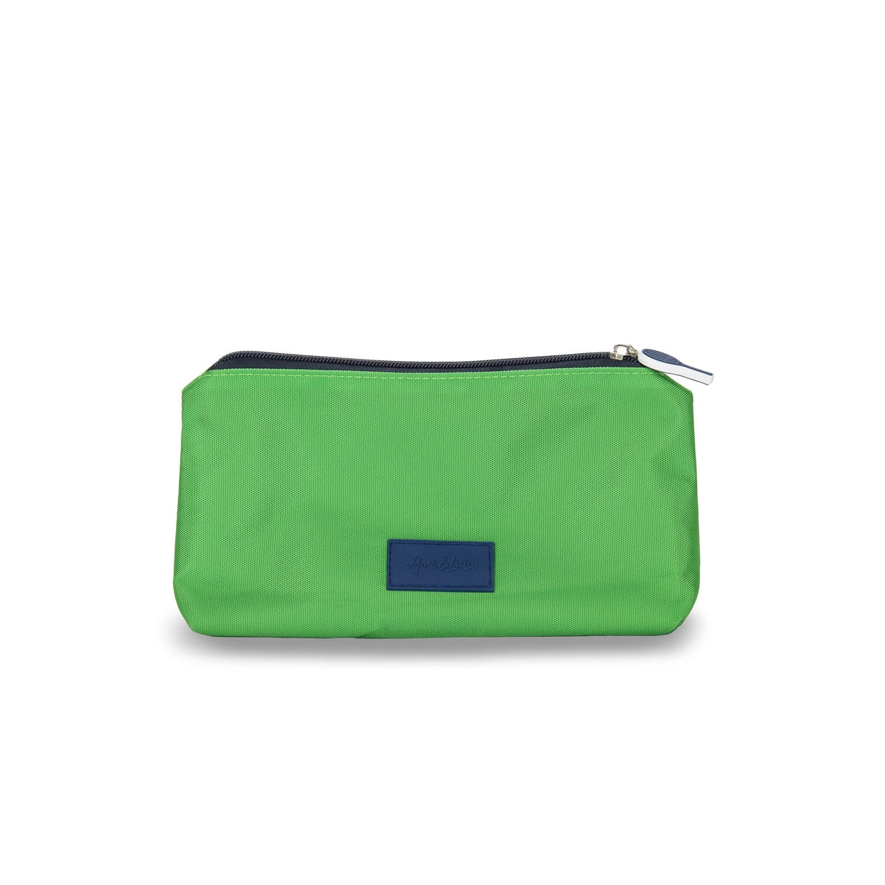 Green zippered pouch with a blue label on a white background