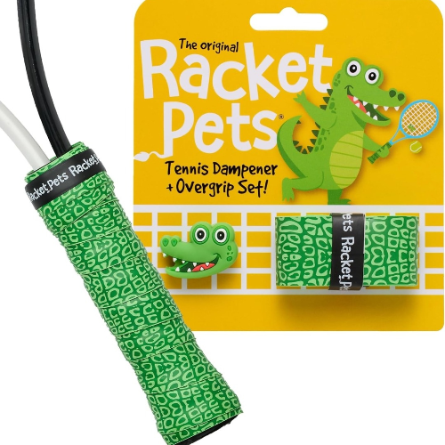 Racket Pets tennis dampener and overgrip set with packaging featuring a green alligator character.