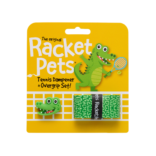 Racket Pets packaging with a green dinosaur character on a yellow background
