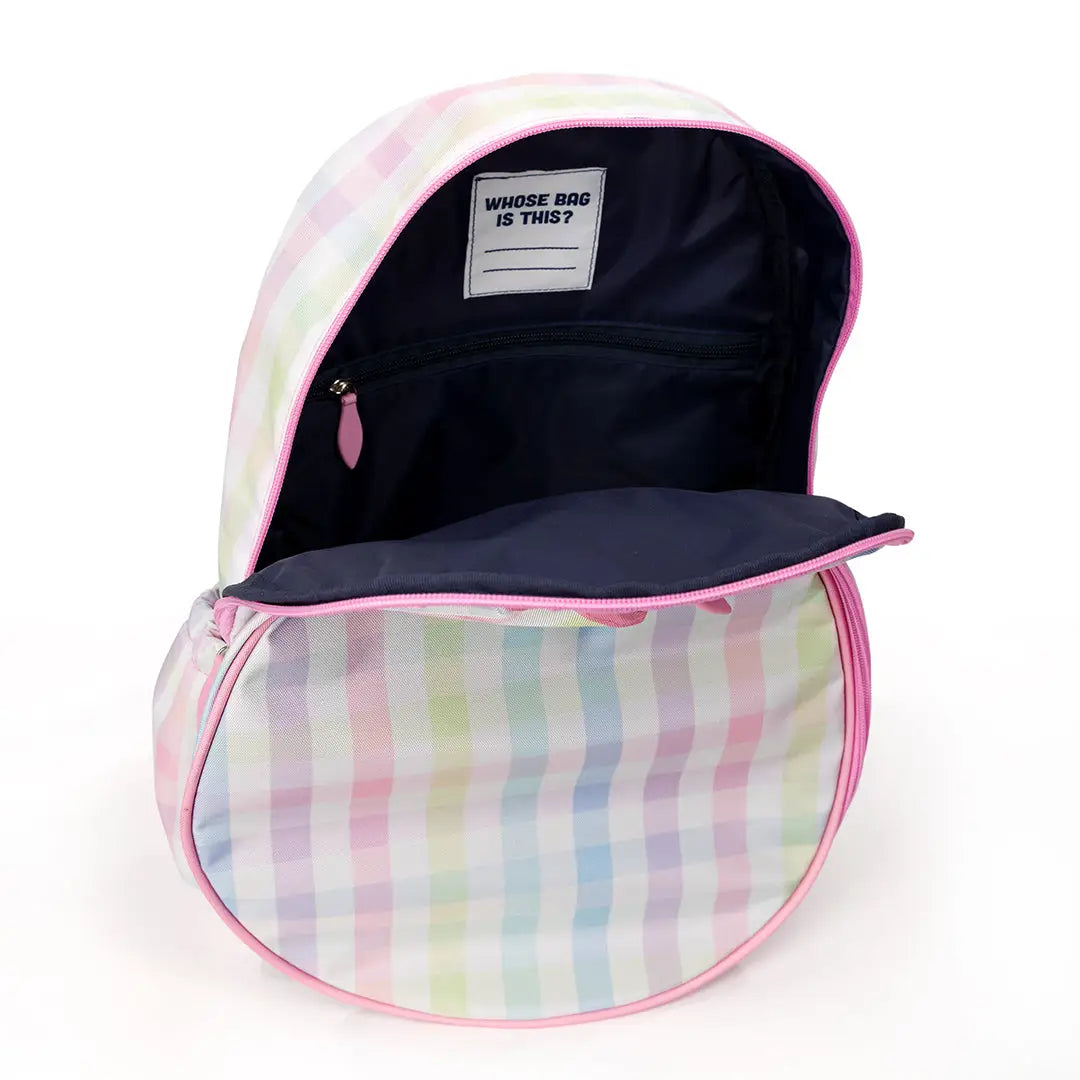 Tennis Backpack with pastel plaid pattern and pink trim on a white background