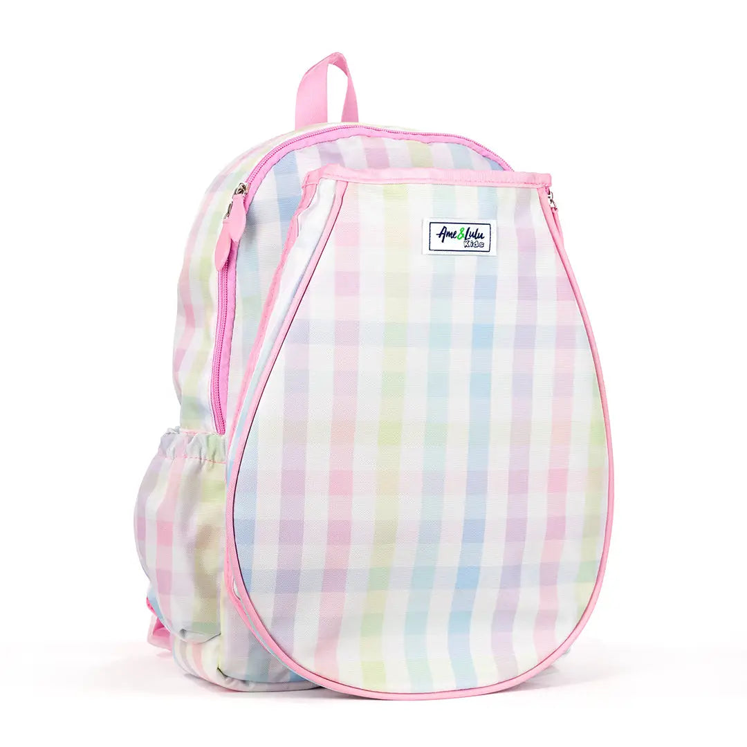 Pastel checkered tennis backpack with pink accents on a white background