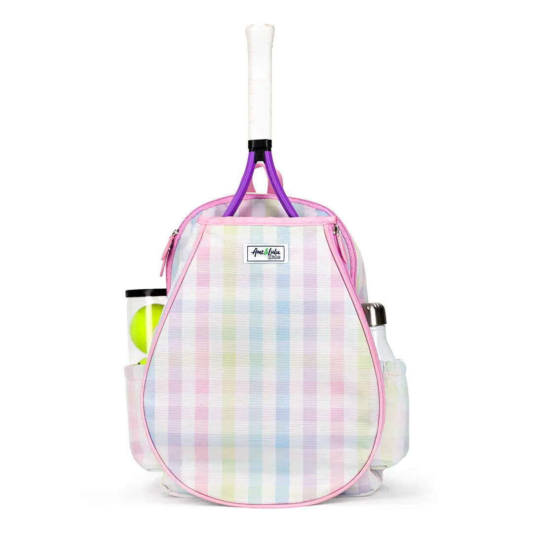 Tennis bag with a checkered pattern, holding a racket and balls, on a white background