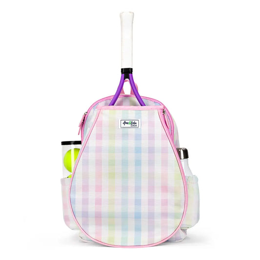 Tennis bag with a checkered pattern, holding a racket and balls, on a white background