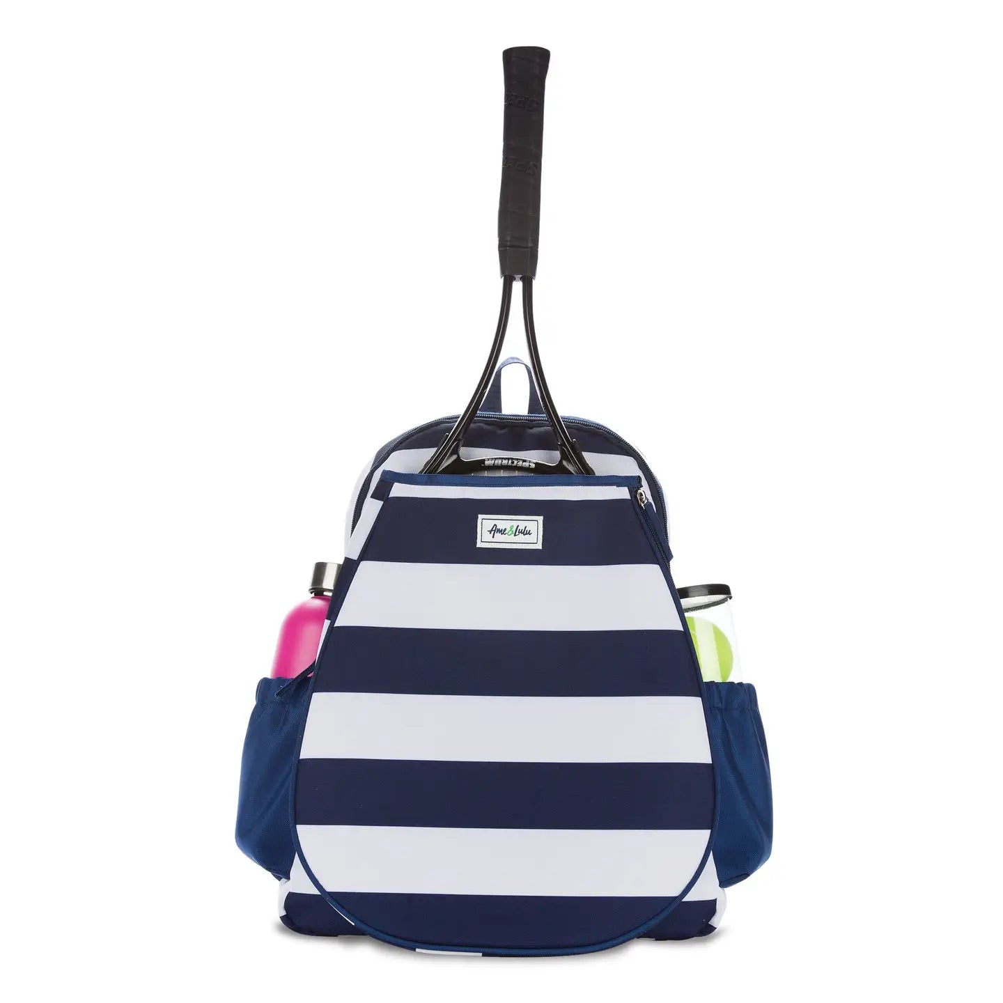 Navy and white striped tennis backpack with tennis racket and accessories on a white background