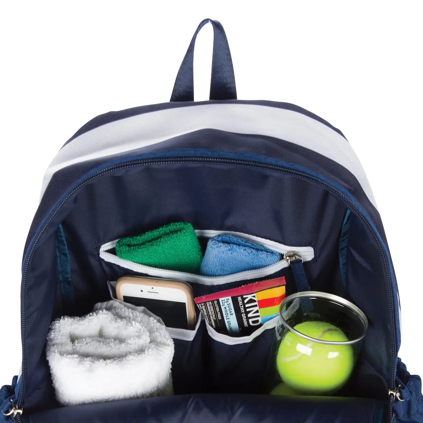 Navy blue backpack with various items including a green towel, phone, KIND bar, and tennis ball.