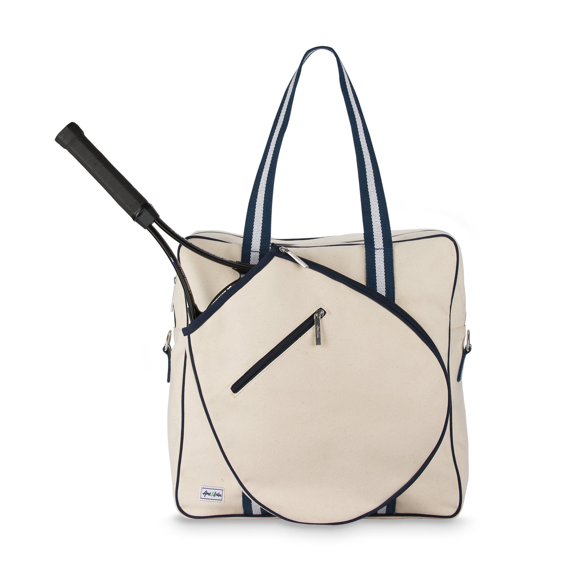 Ame & Lulu Hamptons tennis bag in white and blueberry on Tennis DuJour.