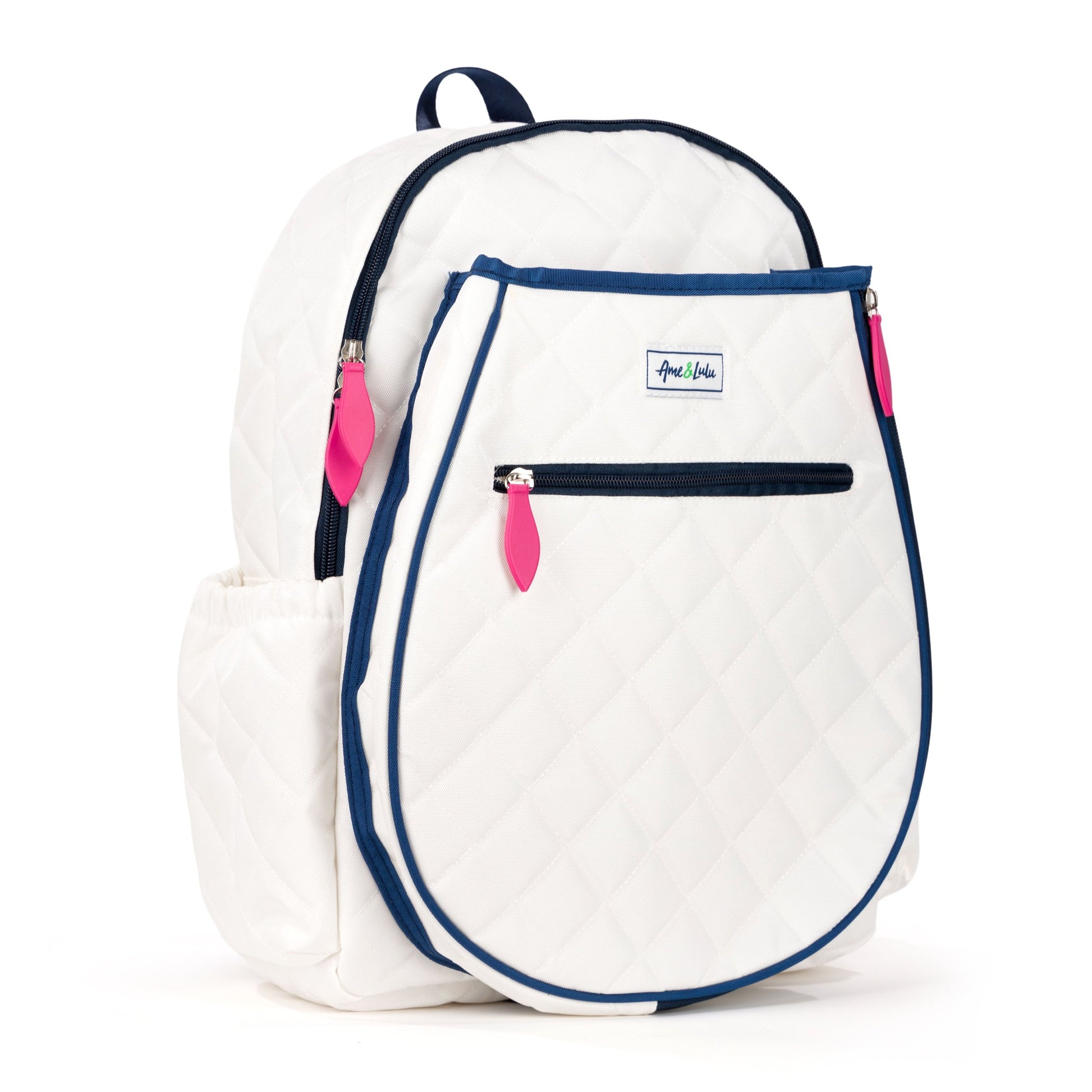 Ame & Lulu Jr. Love Tennis Backpack - Quilted White/Navy/Pink - Kids Ages 9-12