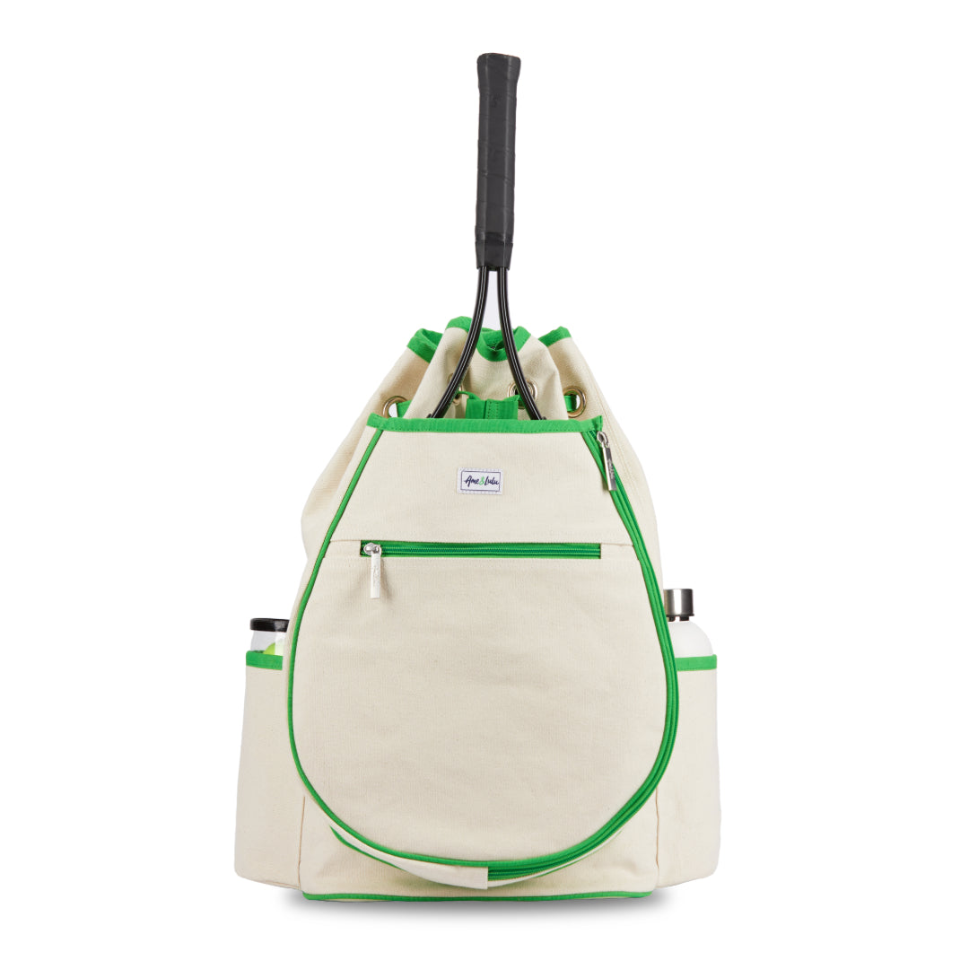 Ame & Lulu tennis backpack in white with green border on Tennis DuJour.