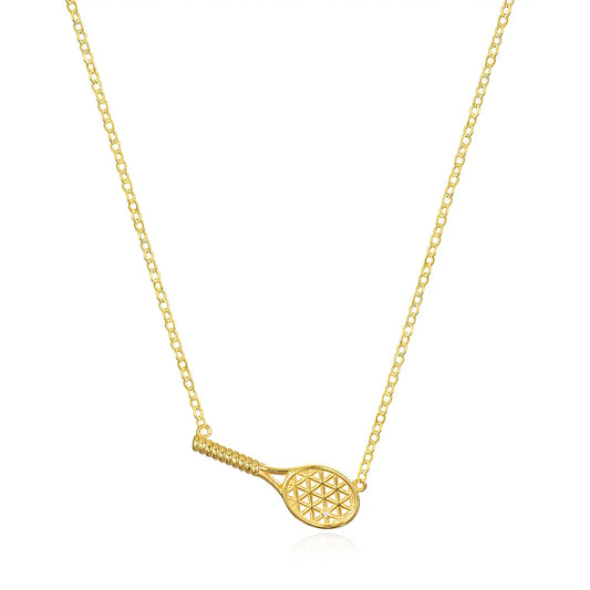 Gold necklace with a tennis racket-shaped pendant on a white background on tennis dujour.com 