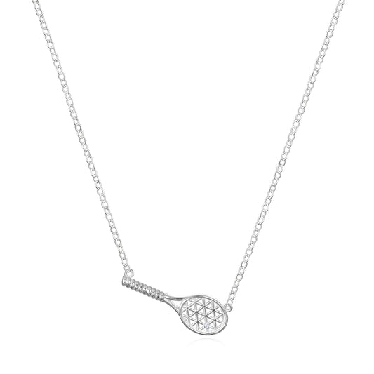 Silver racquet necklace on white background on tennisdujour.com
