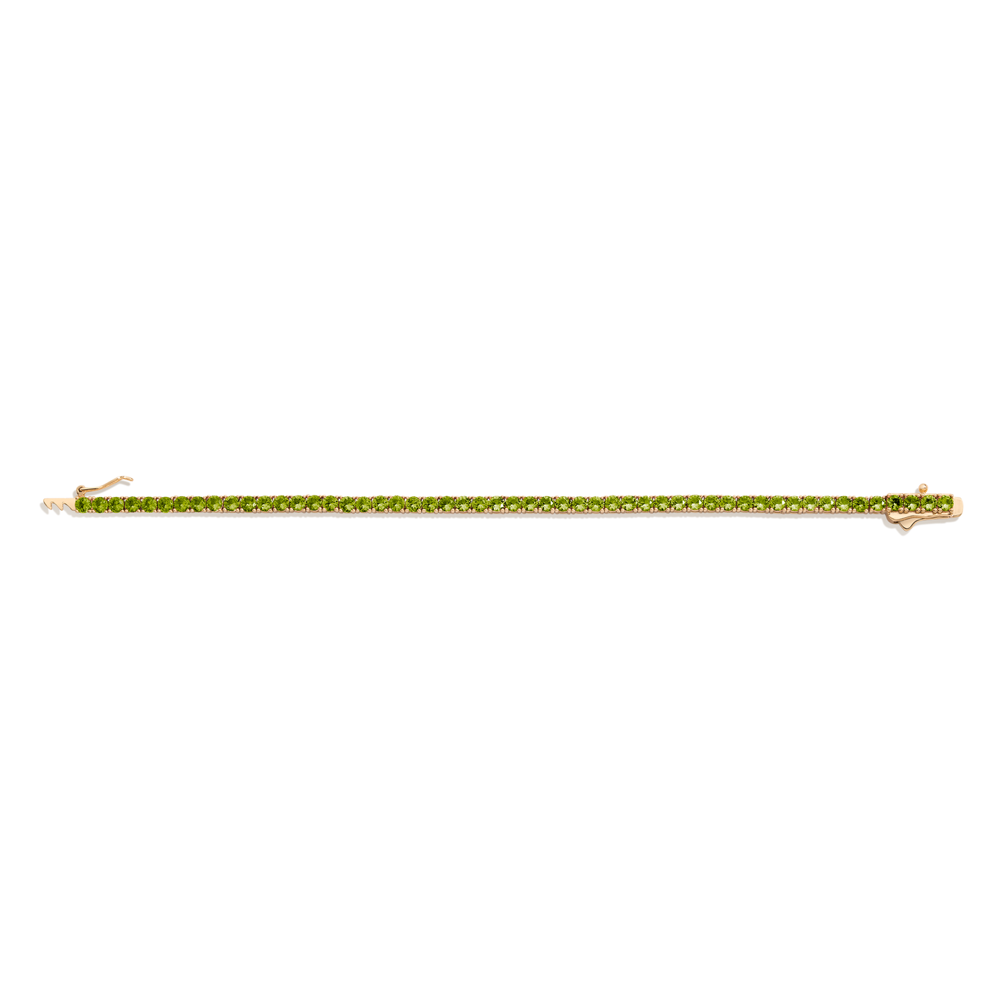 Gold bracelet with green stones on a white background