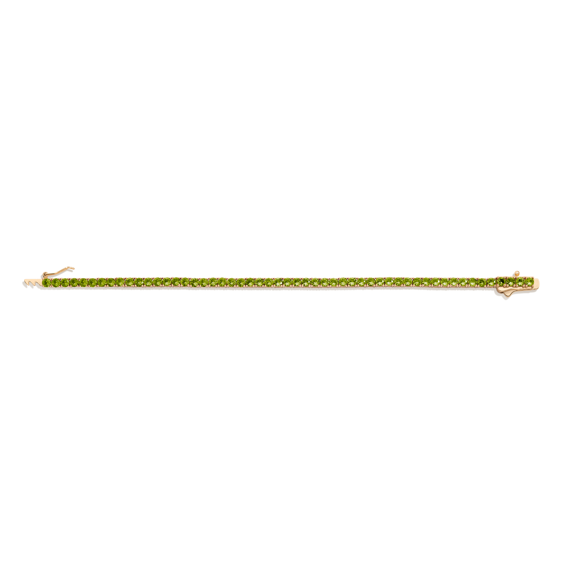 Gold bracelet with green stones on a white background