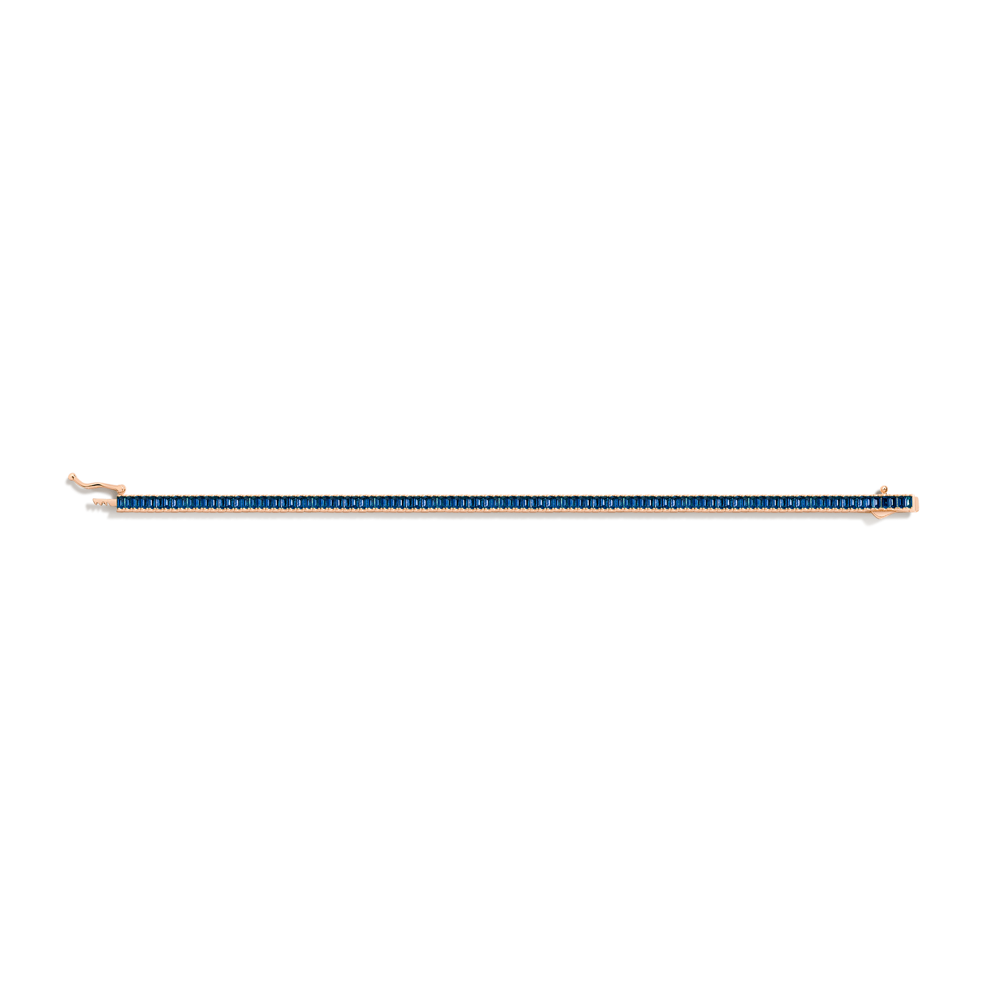 Long, thin bracelet with blue and gold elements on a transparent background