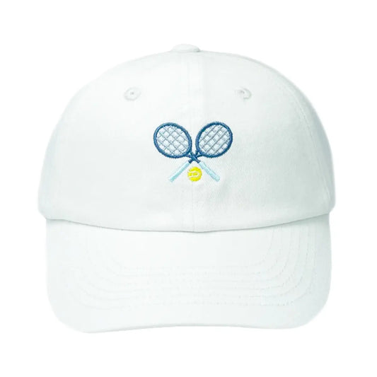 White cap with embroidered tennis racket and ball design on a white background