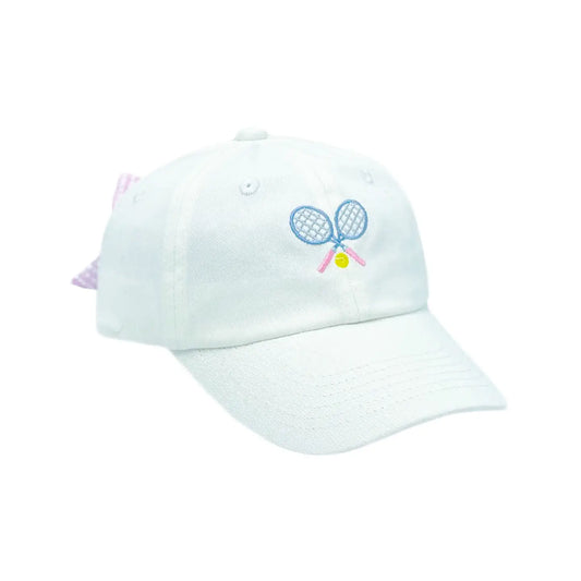 Light blue baseball cap with tennis racket and ball design on a white background