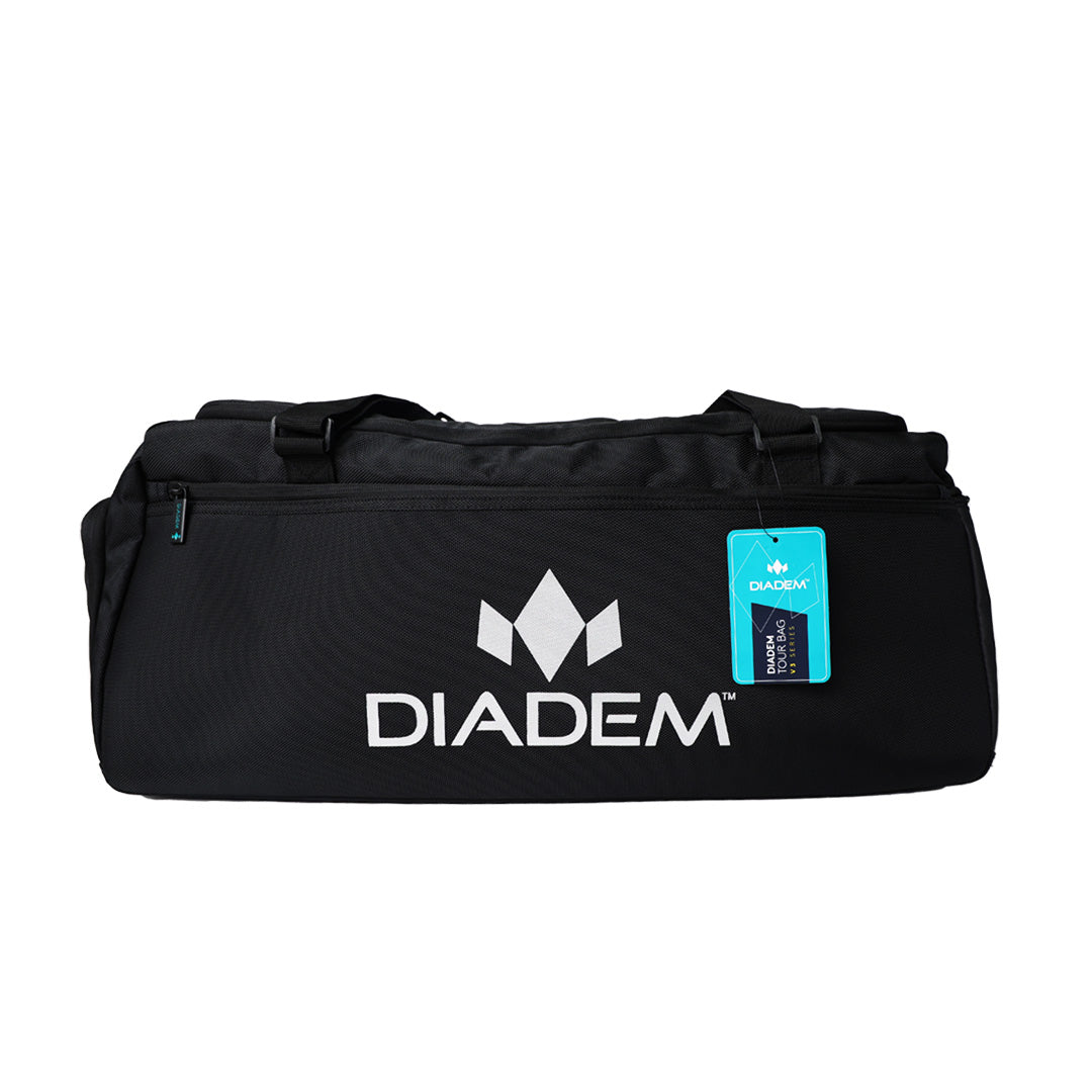 Black duffel bag with Diadem logo and tag on a white background