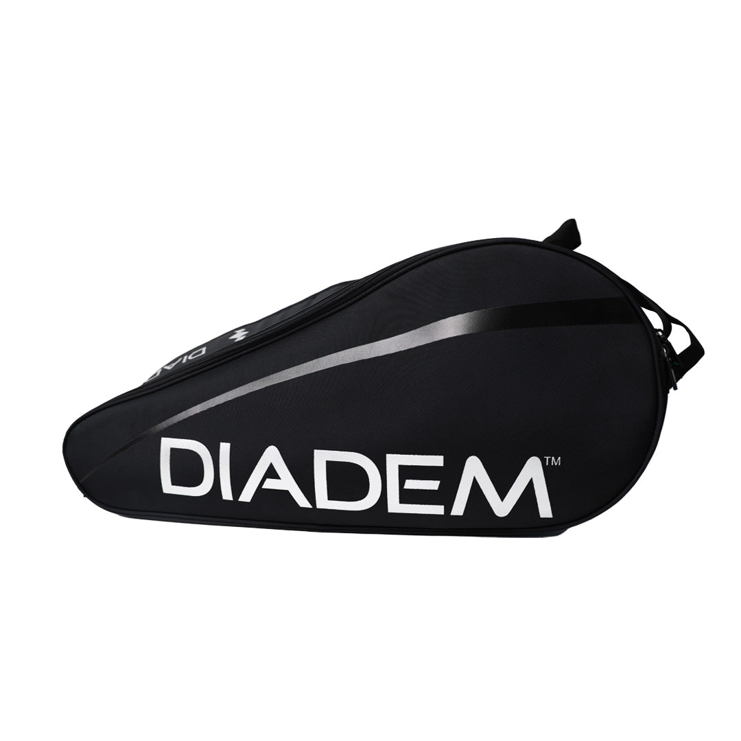 Black tennis racket bag with 'DIADEM' logo on a white background