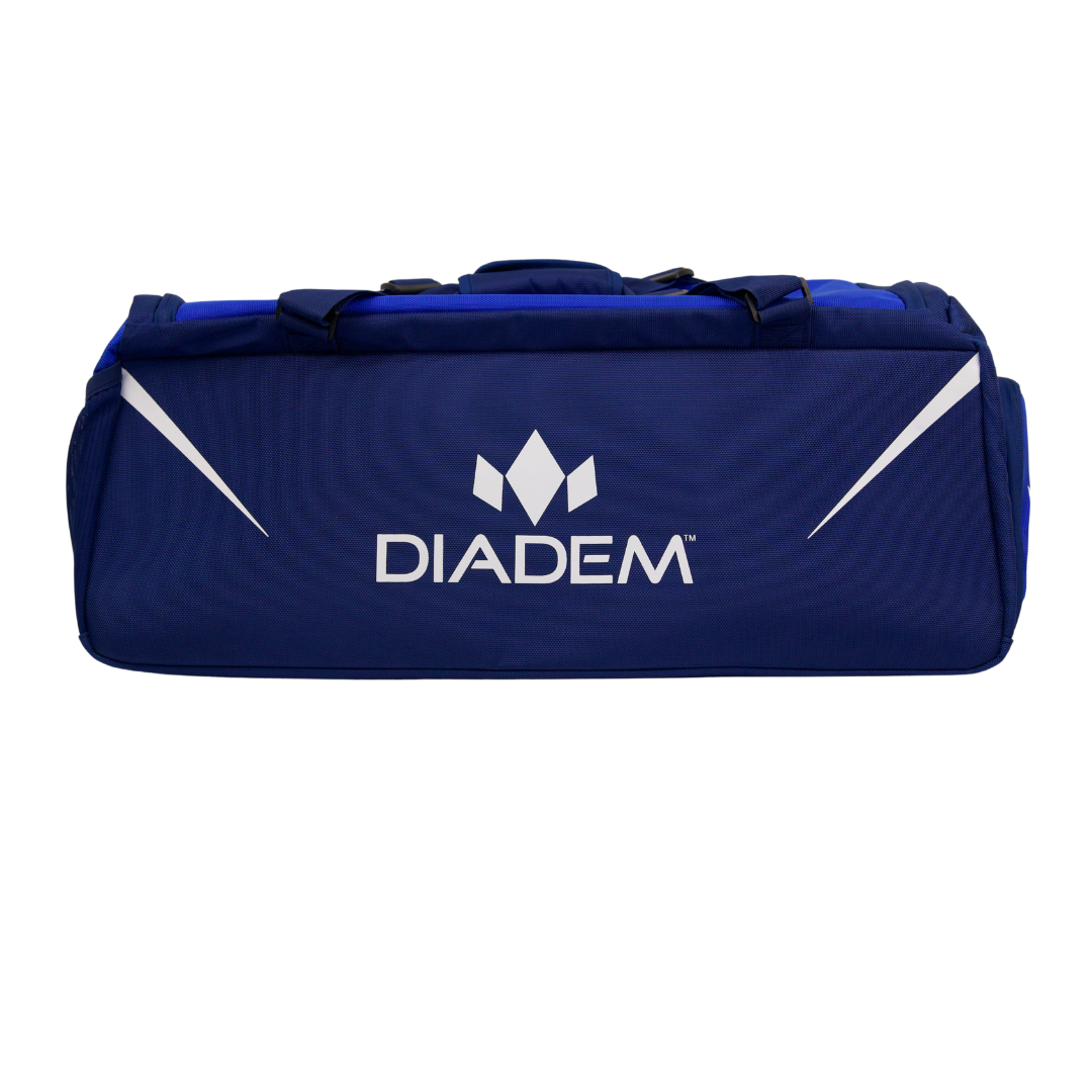 Blue duffel bag with Diadem logo on a white background