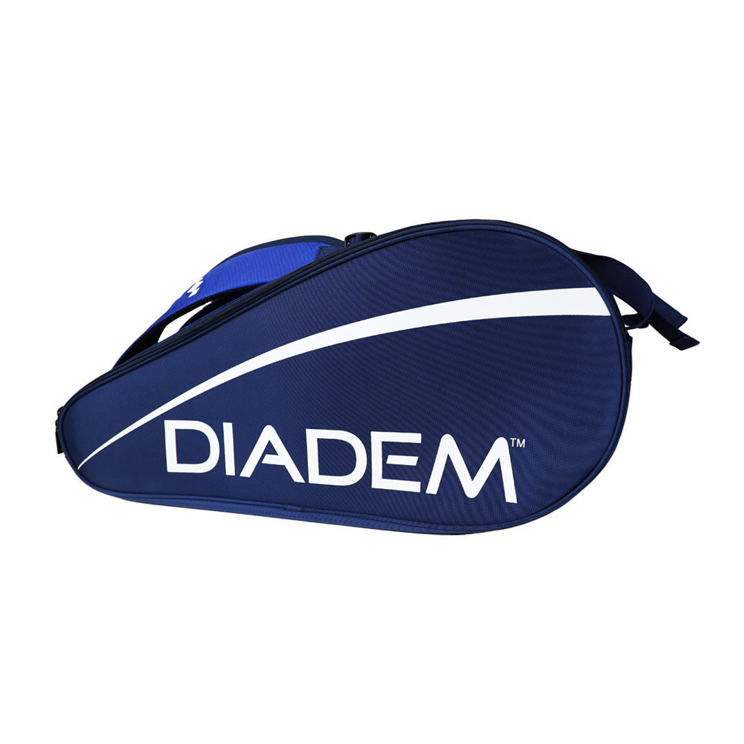 Blue tennis racket bag with white stripe and 'DIADEM' branding on a white background