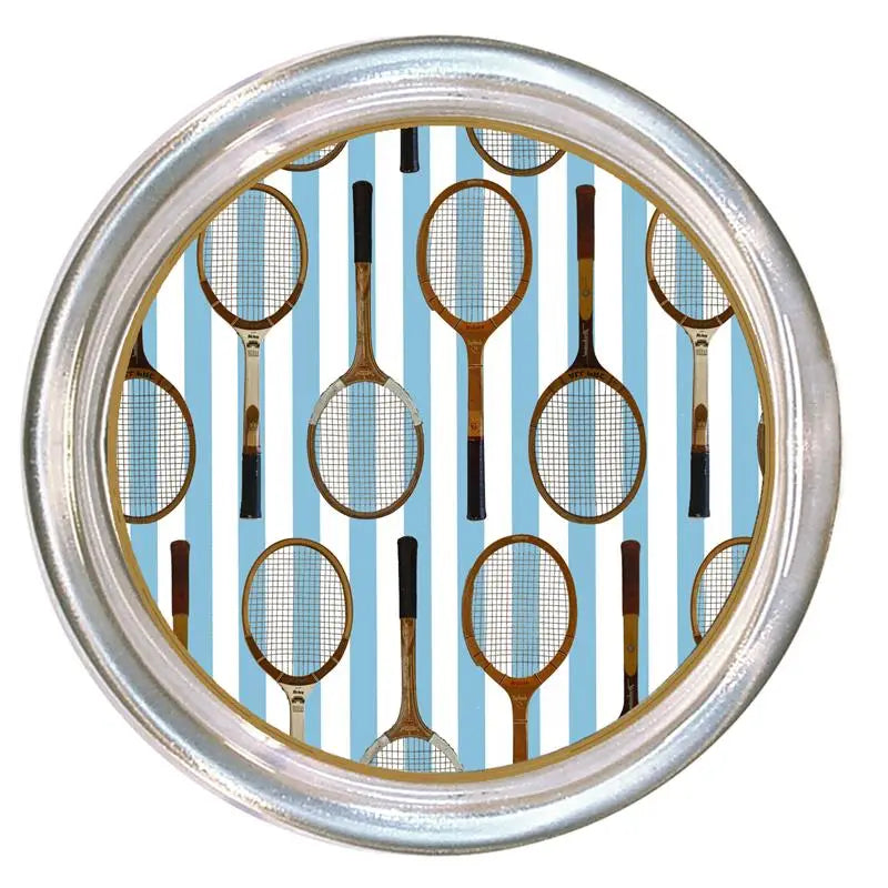 Glass tennis coaster with vintage tennis rackets on a striped background