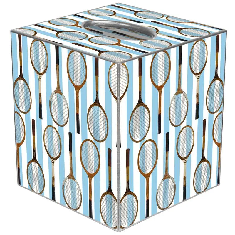 Tissue box cover with tennis racket design on a blue and white striped background