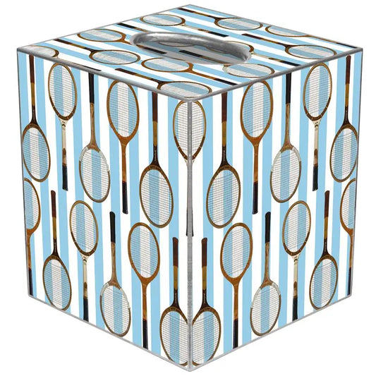 Tissue box cover with tennis racket design on a blue and white striped background