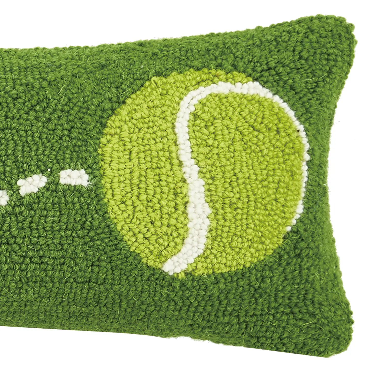 Green tennis pillow with a white circular design on a white on background on TennisDUJour.com