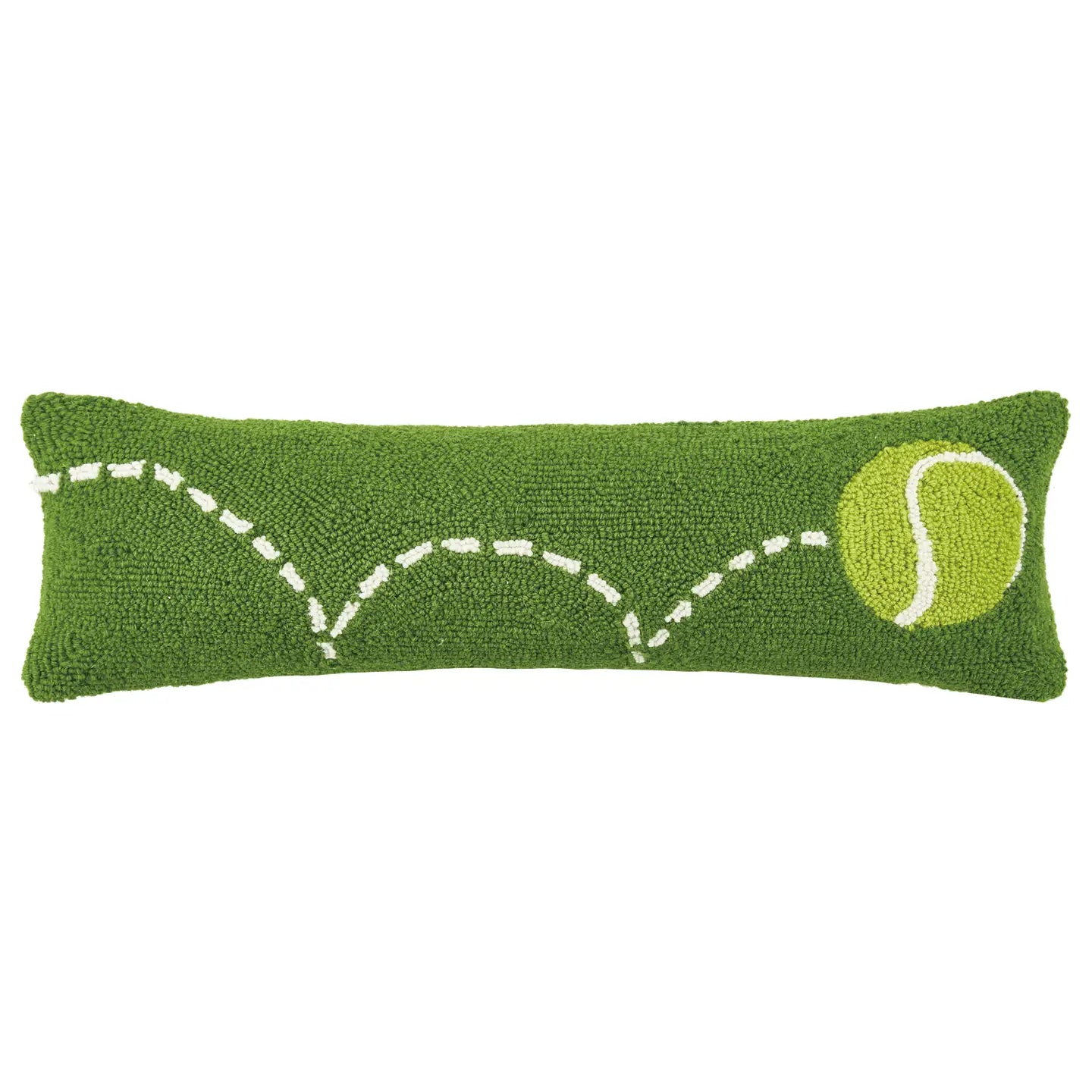 Green tennis pillow with a tennis ball design on a white background