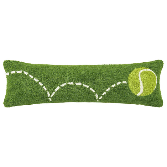 Green tennis pillow with a tennis ball design on a white background