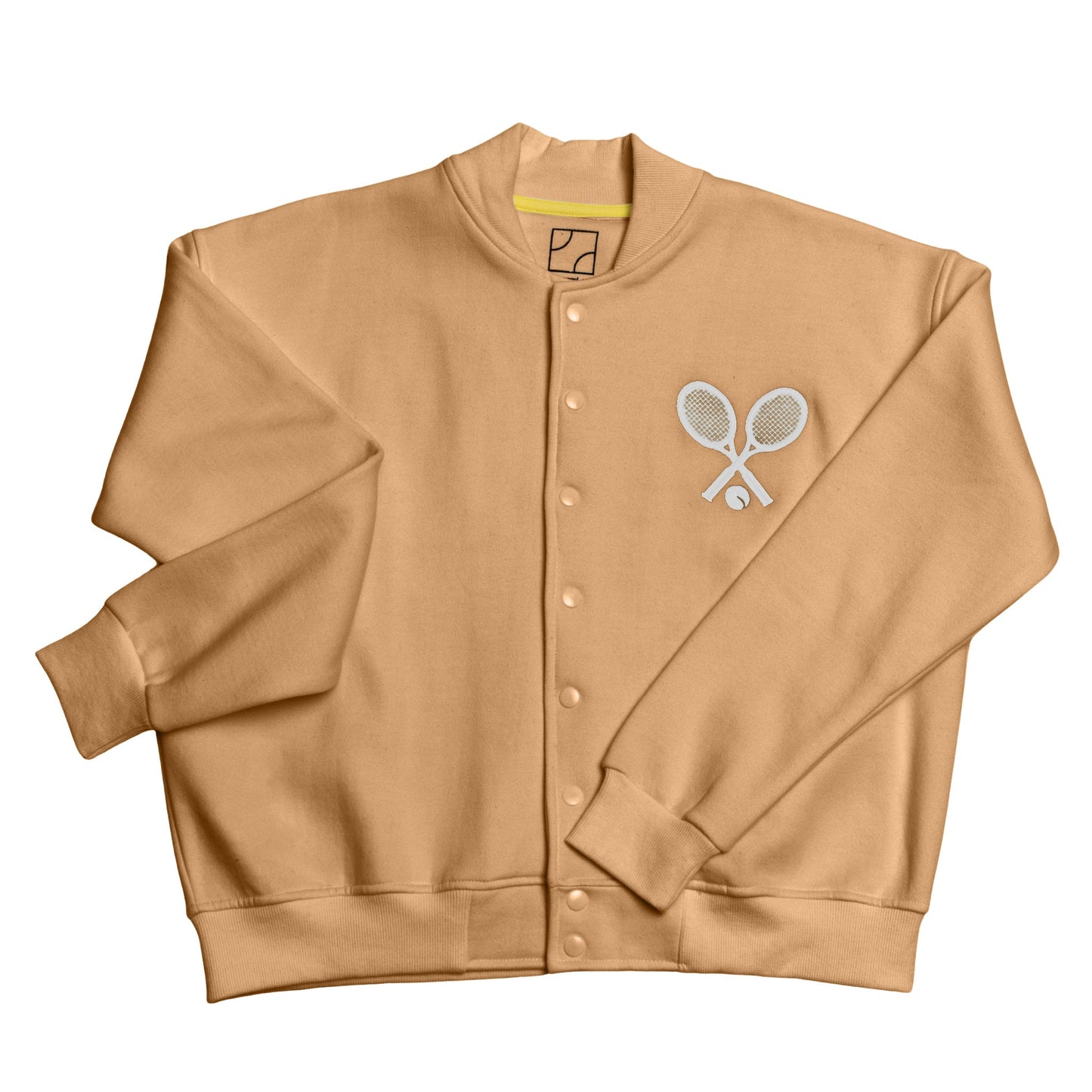 Beige jacket with tennis racket design on a white background